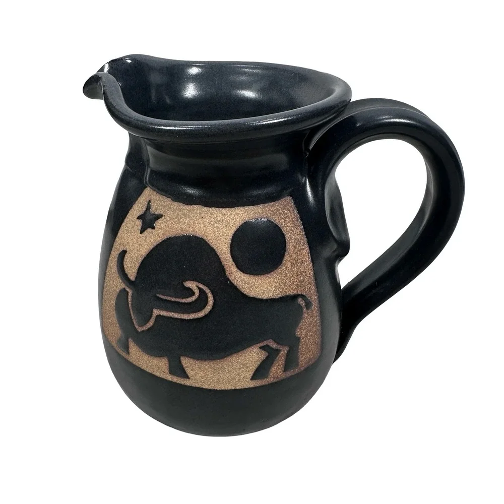 Miller Vrana EarthSea Pottery Buffalo Bison Pitcher Black Stoneware 2002 USA